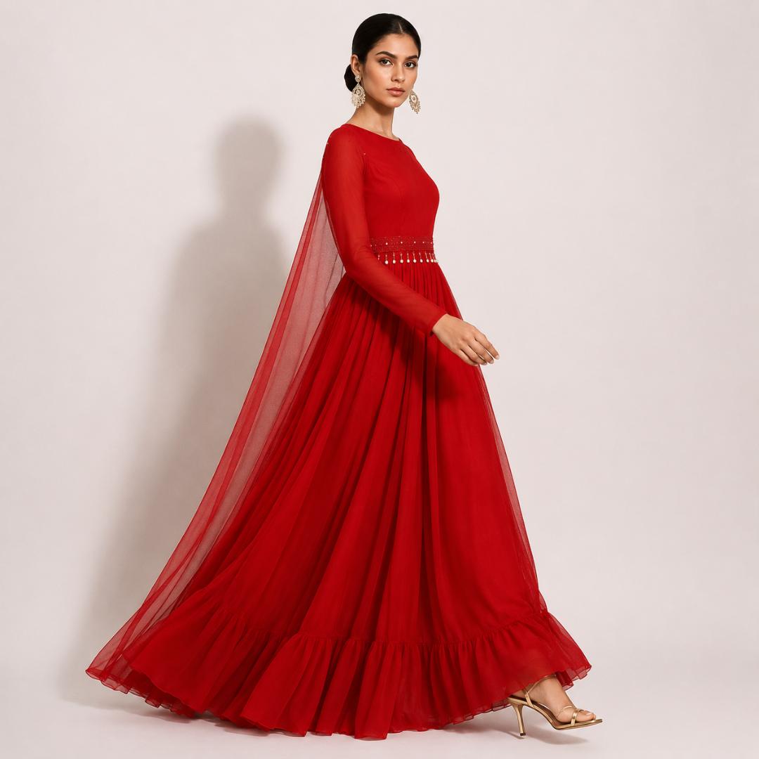 Elegant Red Cape Style Maxi Gown