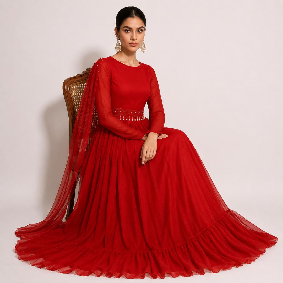 Elegant Red Cape Style Maxi Gown