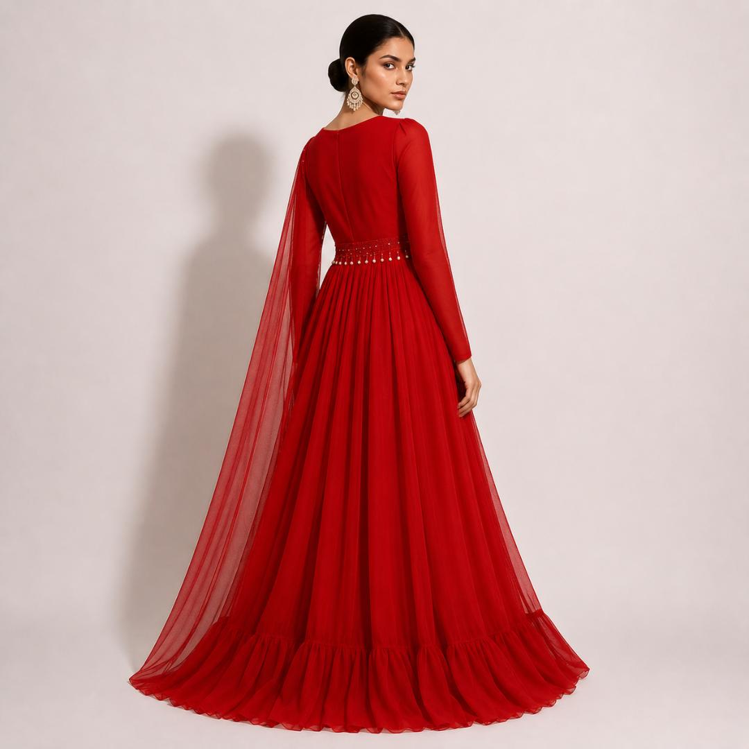 Elegant Red Cape Style Maxi Gown