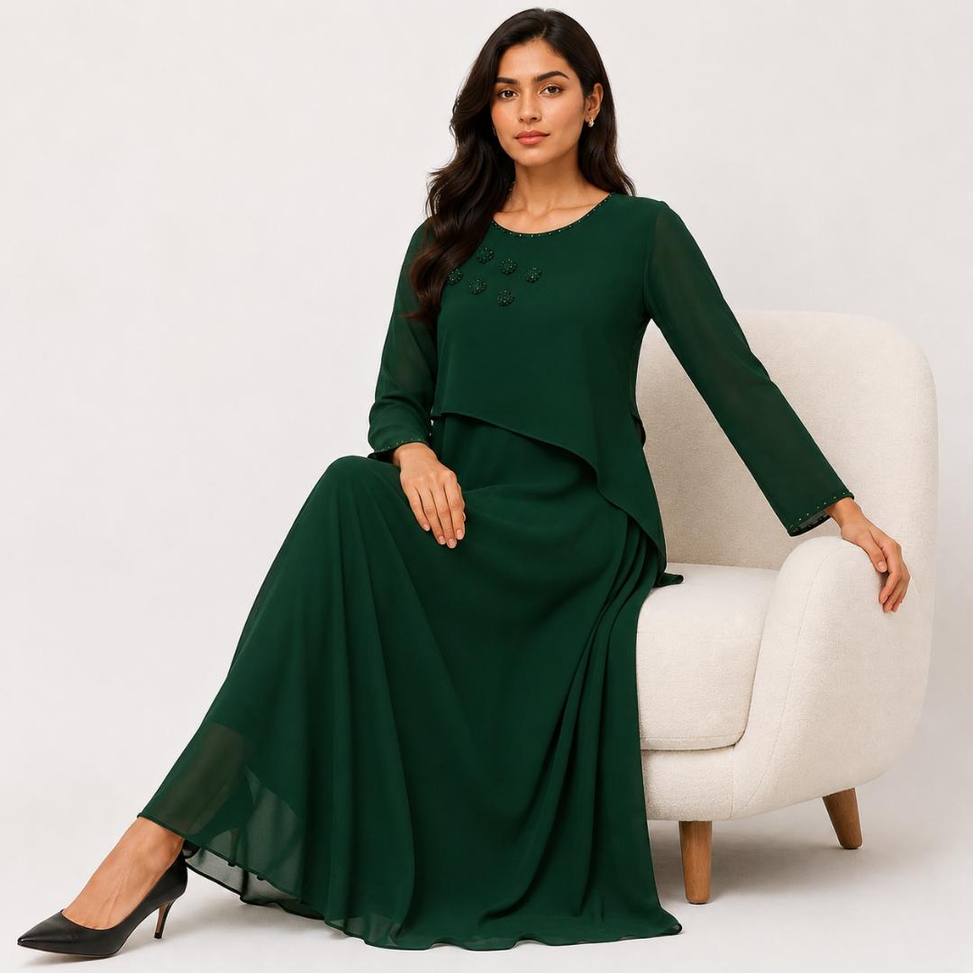 Emerald Grace Layered Flowy Maxi Dress