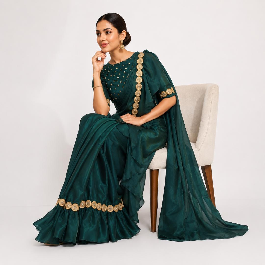 Emerald Green Ruffle Saree with Embellished Blouse
