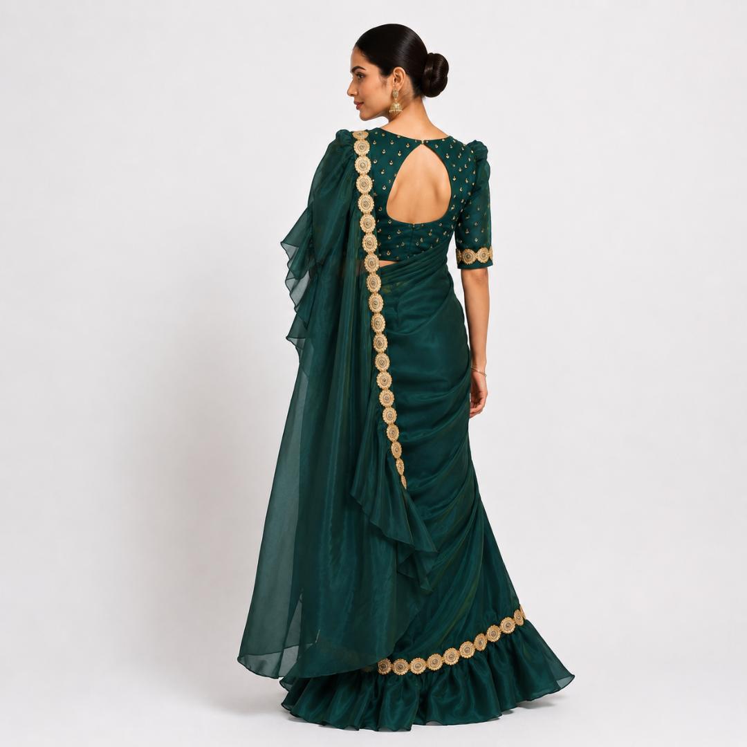 Emerald Green Ruffle Saree with Embellished Blouse
