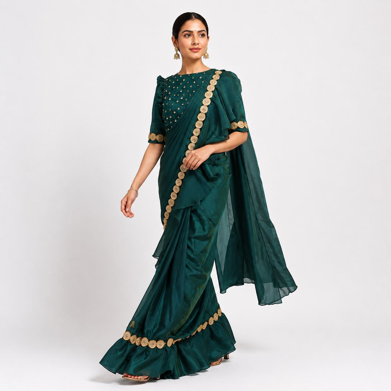 Emerald Green Ruffle Saree with Embellished Blouse