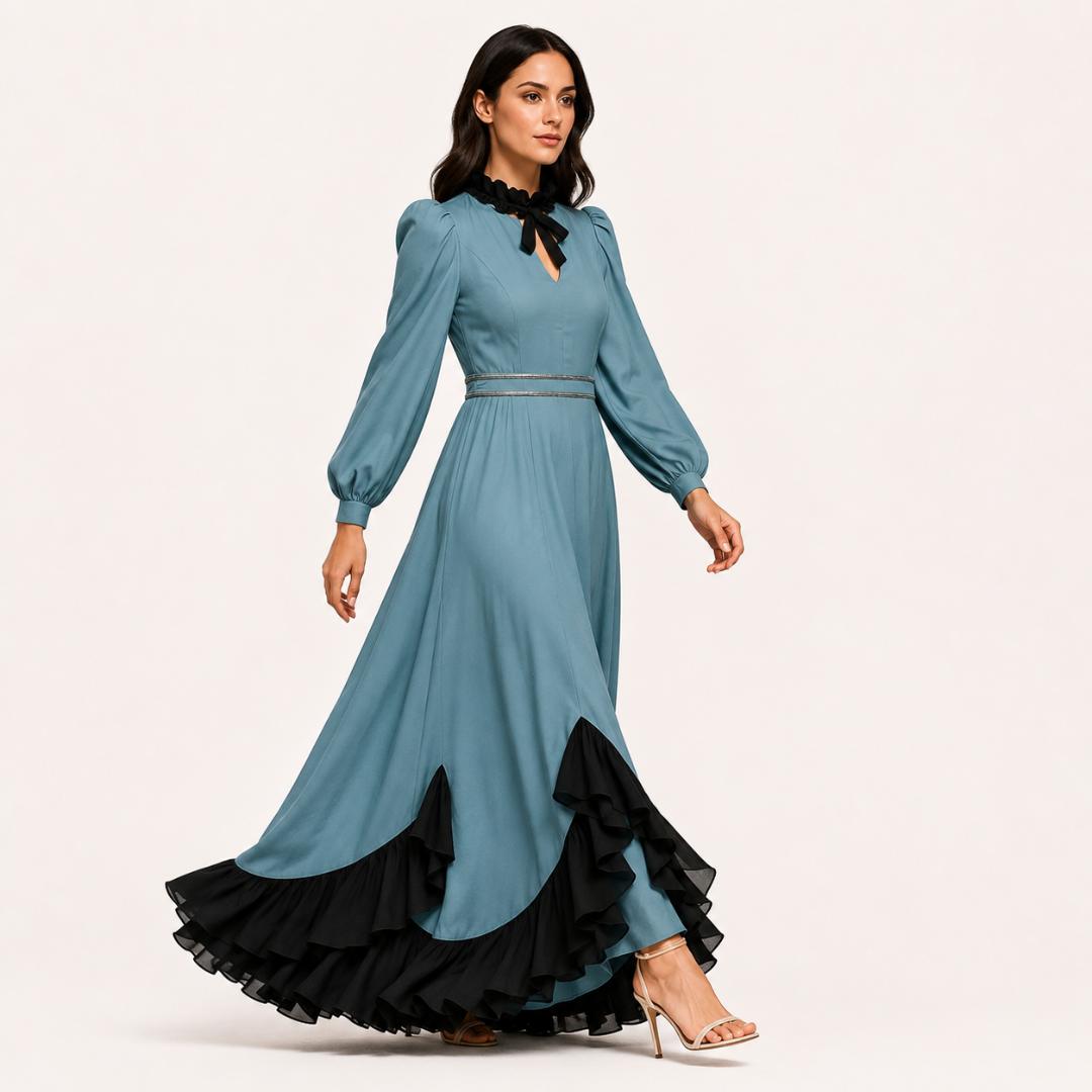 Ice Blue Layered Ruffle Maxi Dress  with Black Hem Detail
