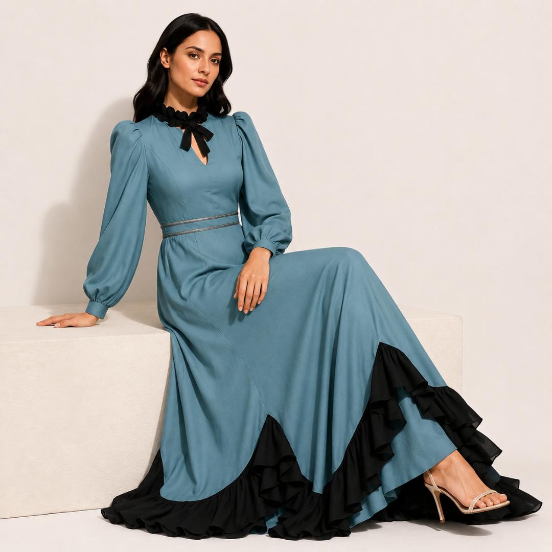 Ice Blue Layered Ruffle Maxi Dress  with Black Hem Detail