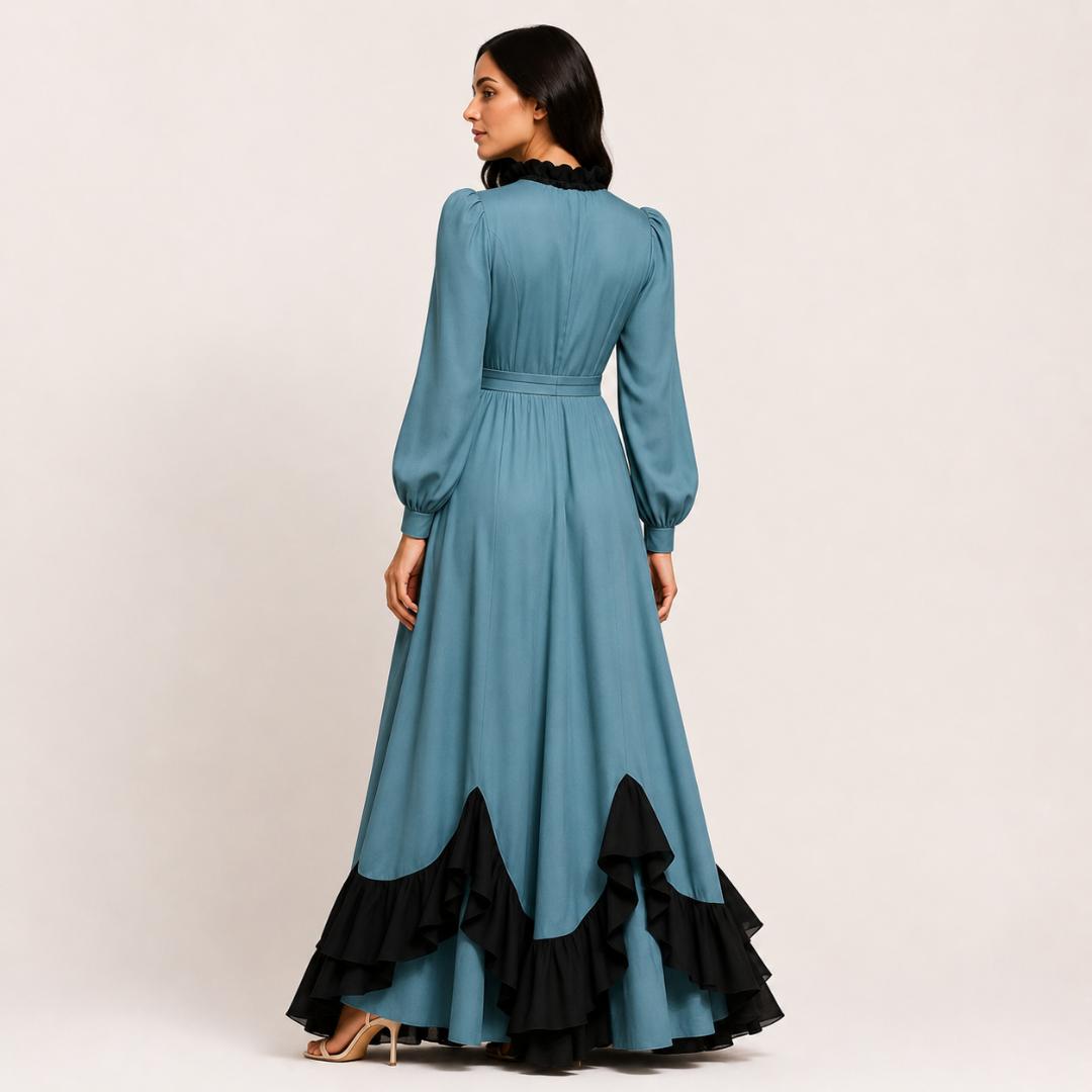 Ice Blue Layered Ruffle Maxi Dress  with Black Hem Detail
