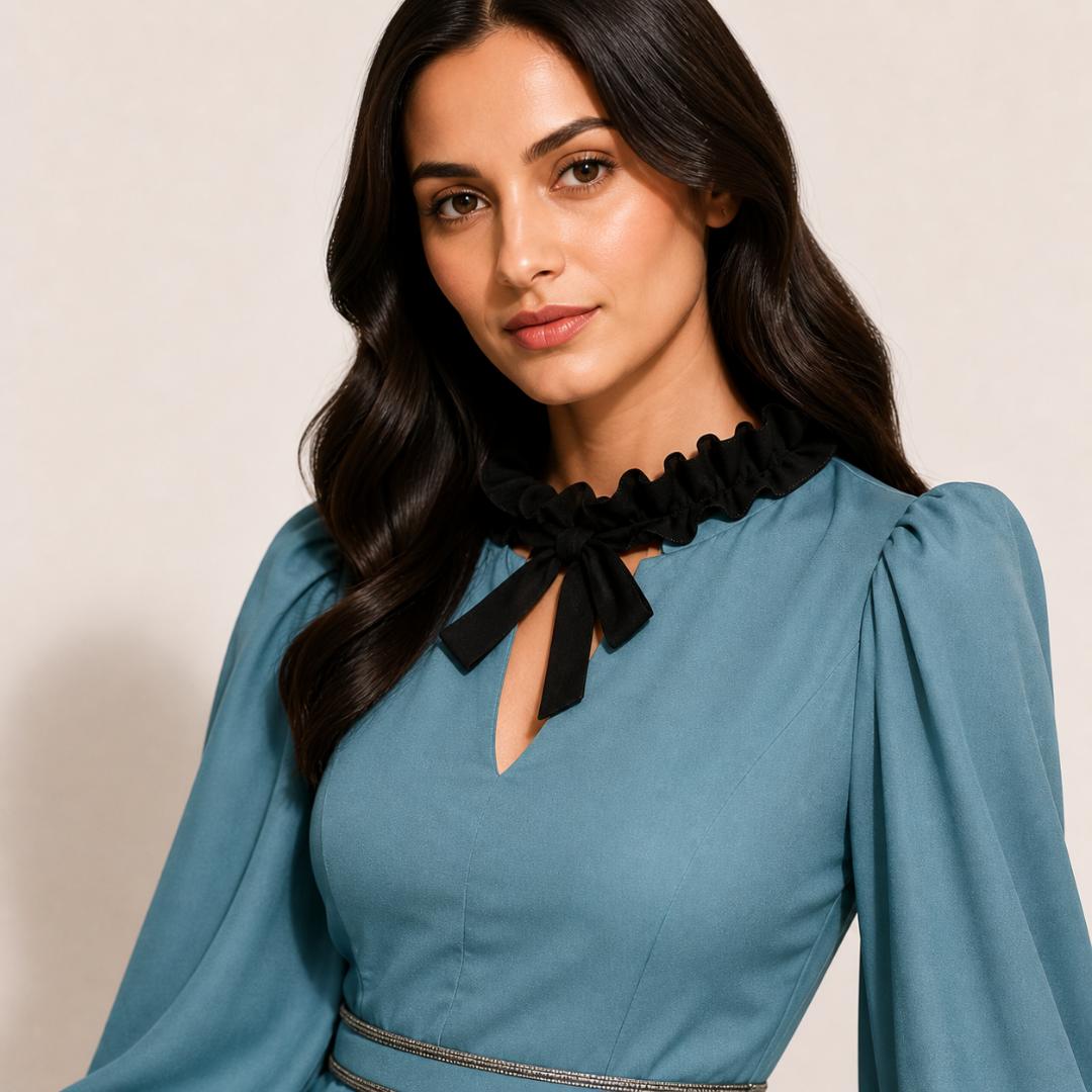 Ice Blue Layered Ruffle Maxi Dress  with Black Hem Detail