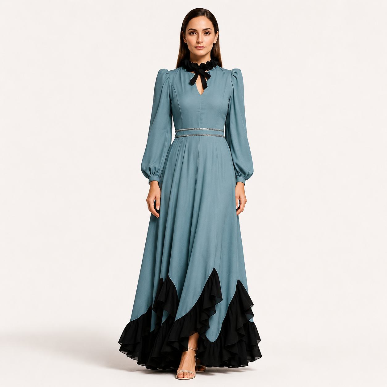 Ice Blue Layered Ruffle Maxi Dress  with Black Hem Detail