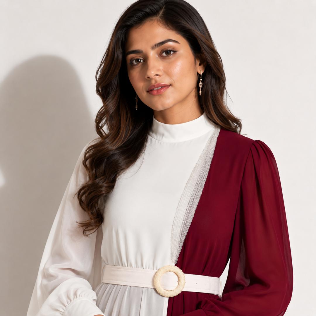 Ivory White & Burgundy Contrast Maxi Gown with Statement Belt Detail