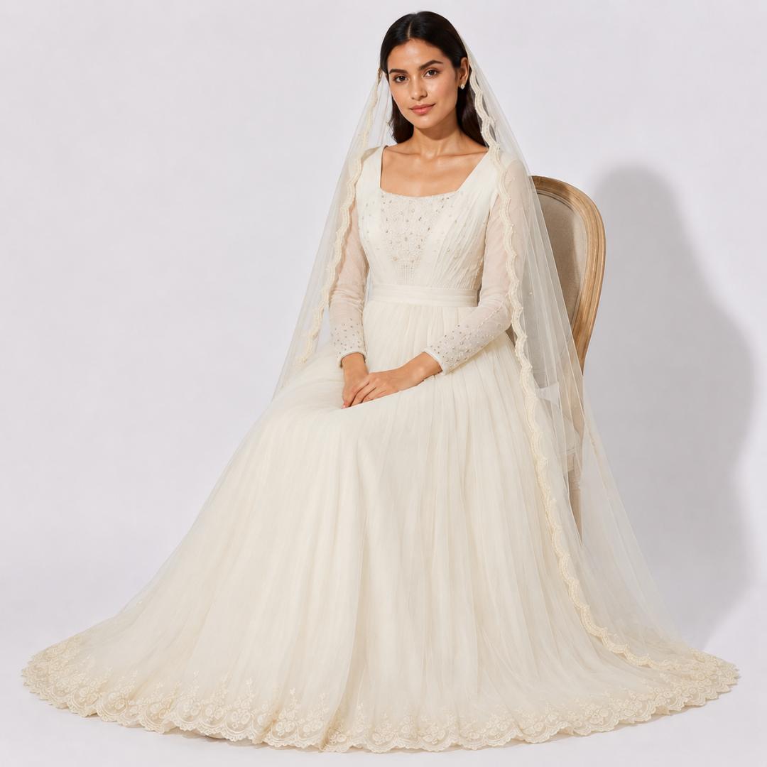 Ivory White Embroidered Bridal Maxi Gown with Veil