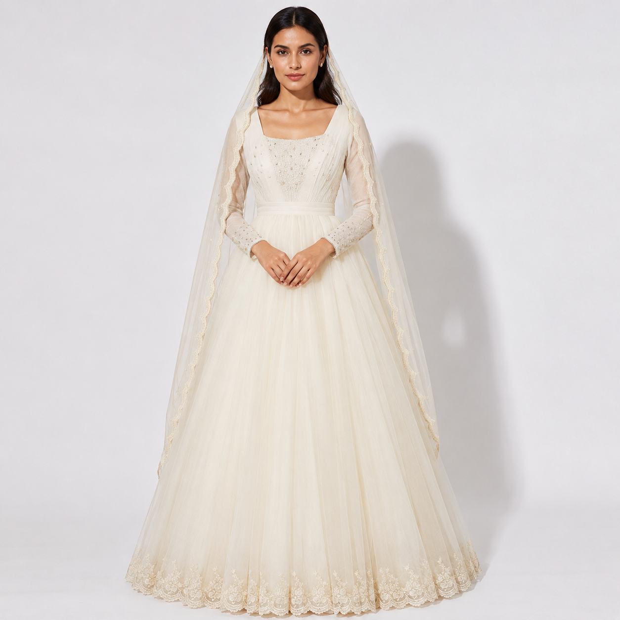 Ivory White Embroidered Bridal Maxi Gown with Veil