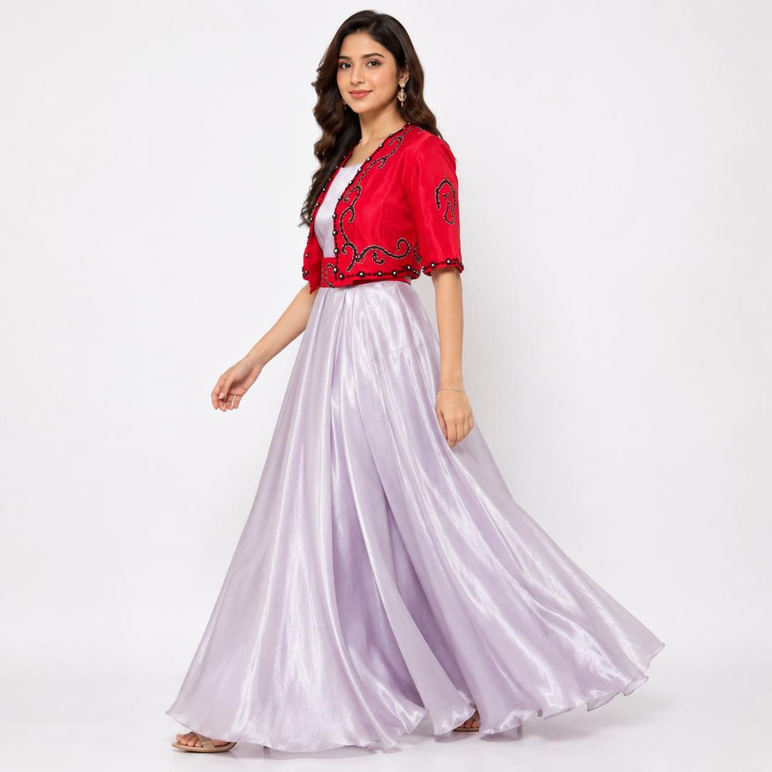 Lavender Full-Length Gown with Red Embroidered Jacket