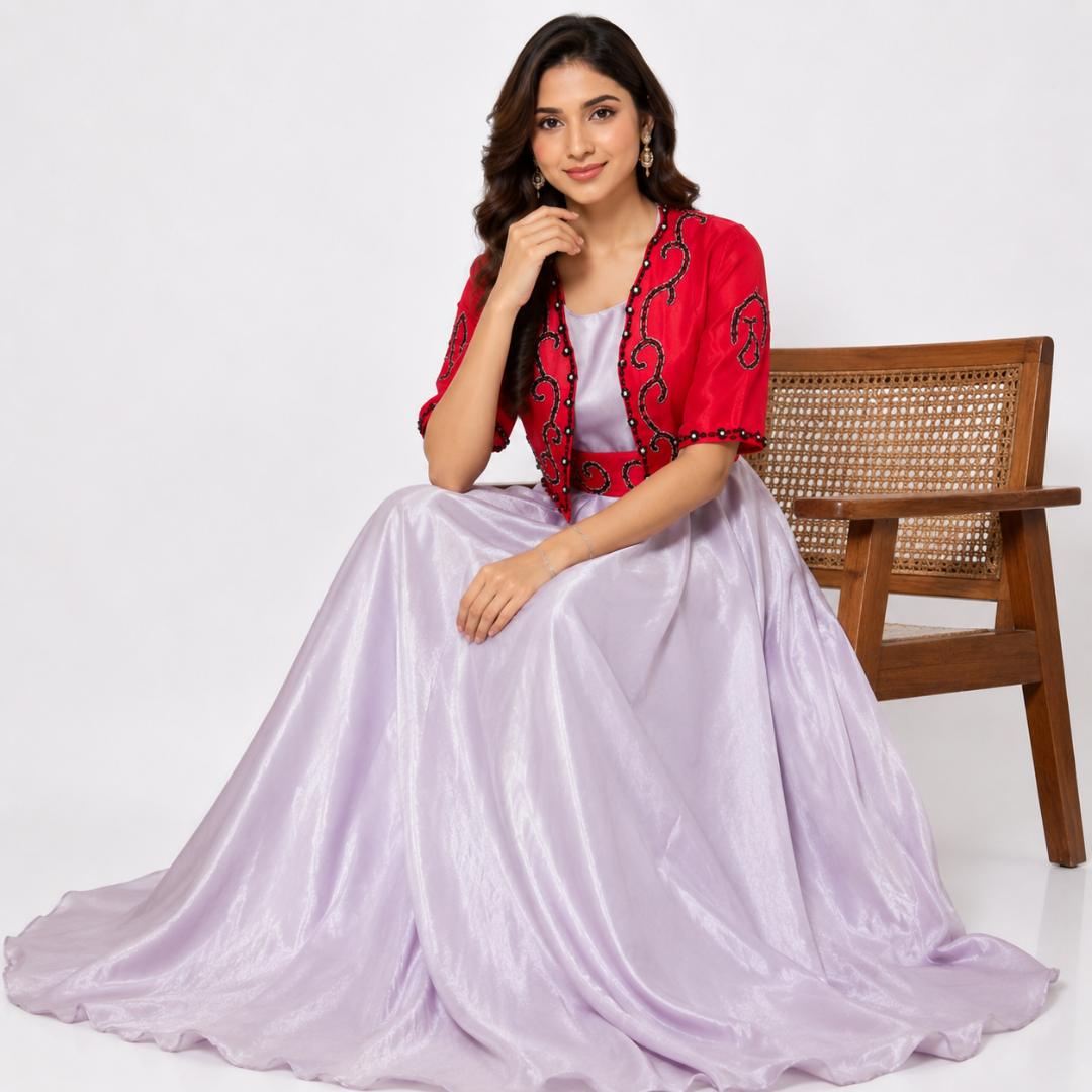 Lavender Full-Length Gown with Red Embroidered Jacket
