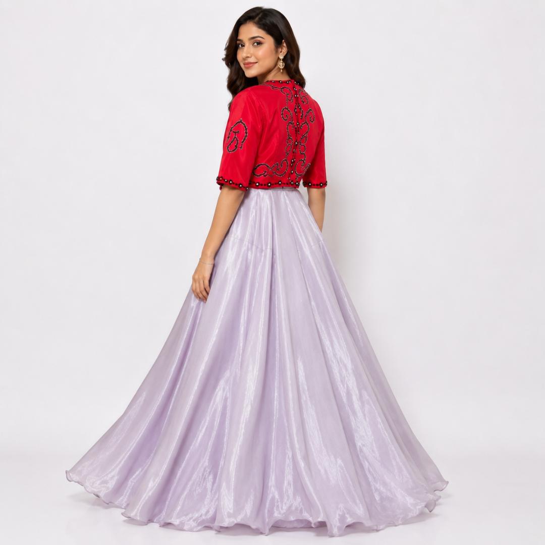 Lavender Full-Length Gown with Red Embroidered Jacket