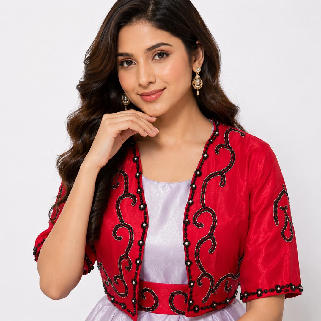 Lavender Full-Length Gown with Red Embroidered Jacket