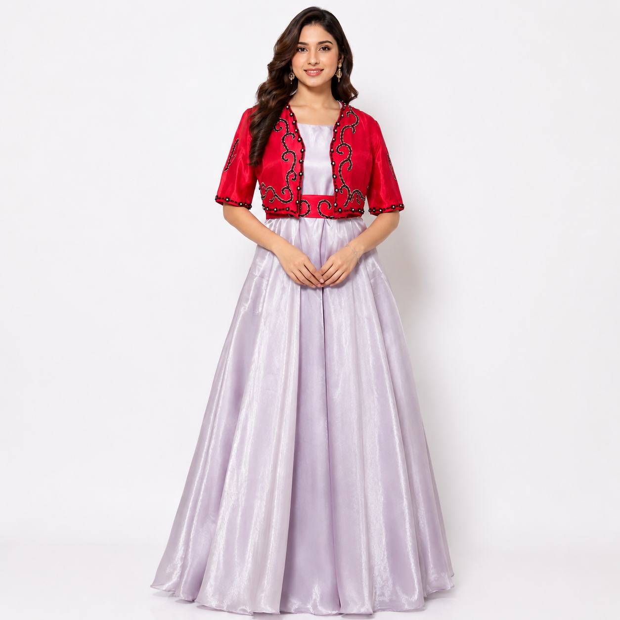 Lavender Full-Length Gown with Red Embroidered Jacket