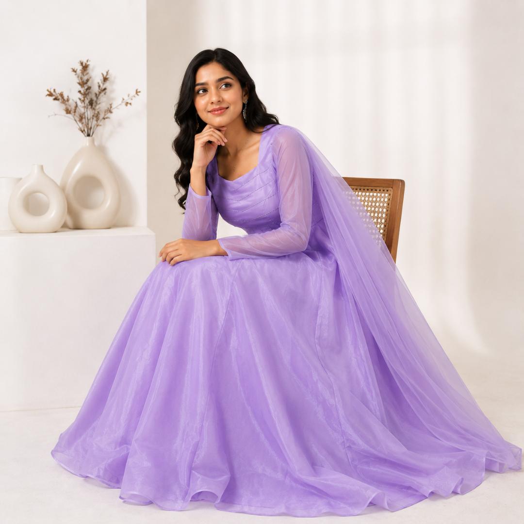 Lavender Mist Cape Sleeve Designer Gown