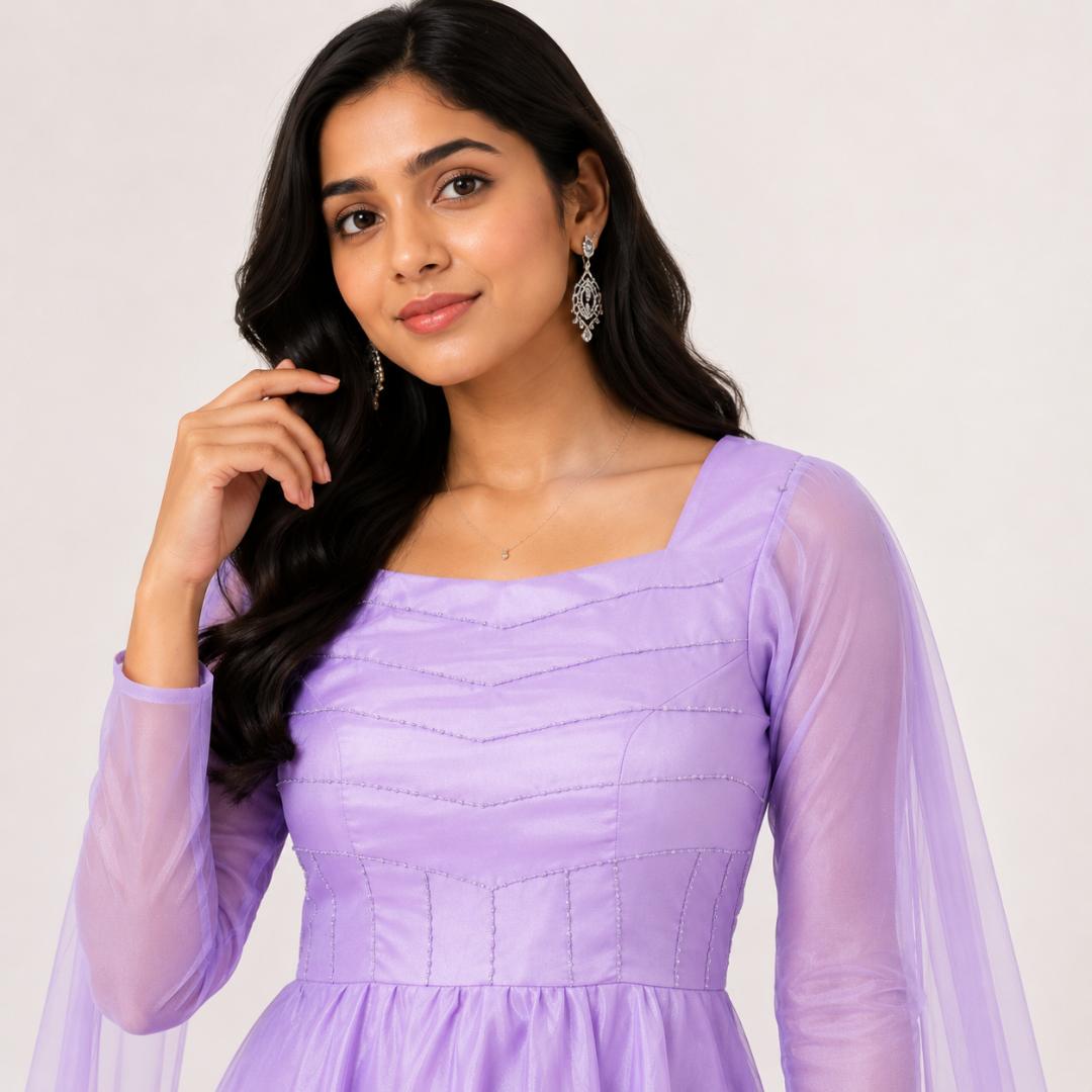 Lavender Mist Cape Sleeve Designer Gown