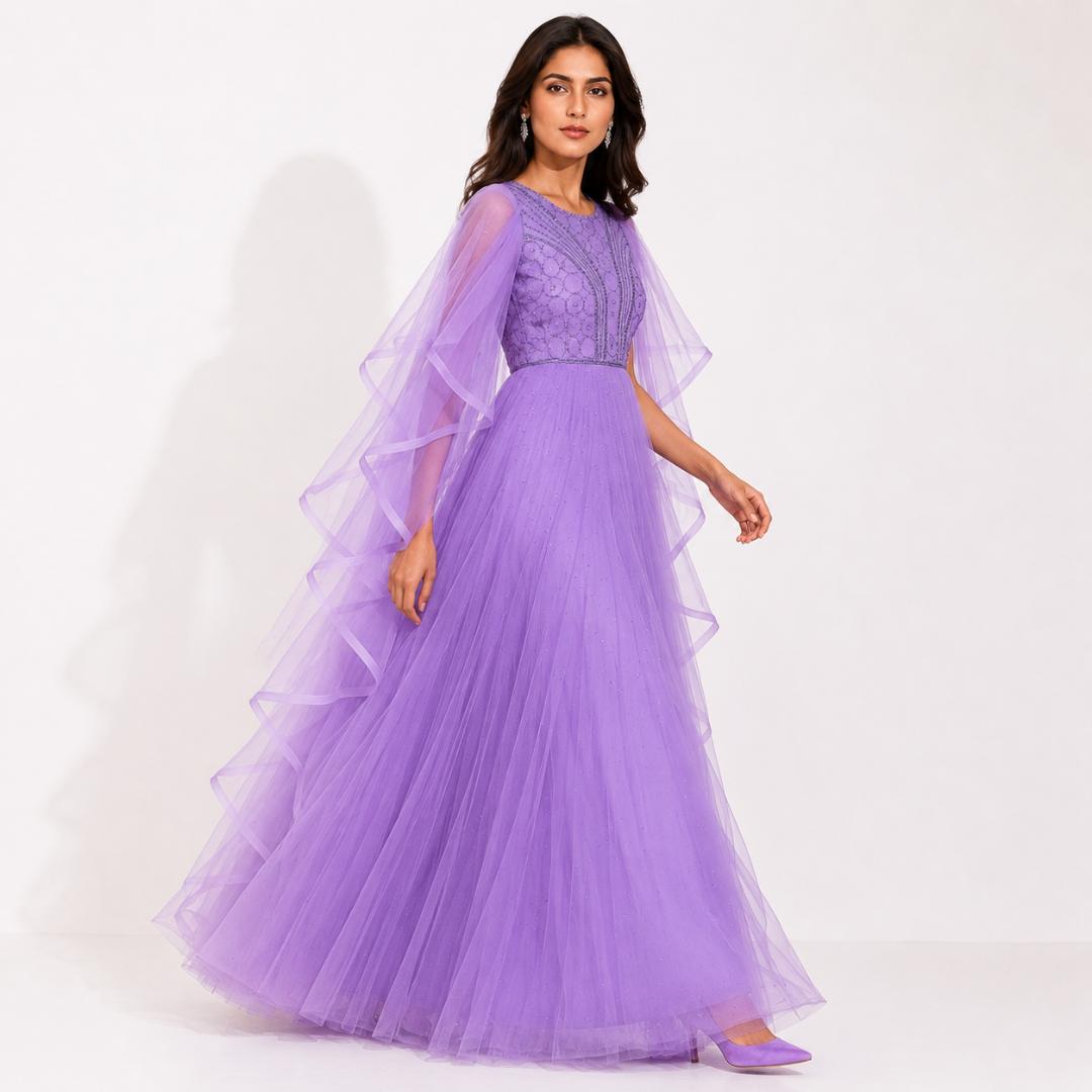 Lavender Ruffle Cape Maxi Gown