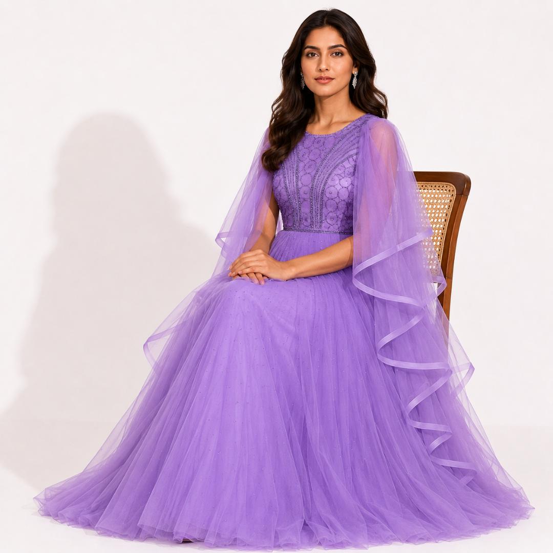 Lavender Ruffle Cape Maxi Gown