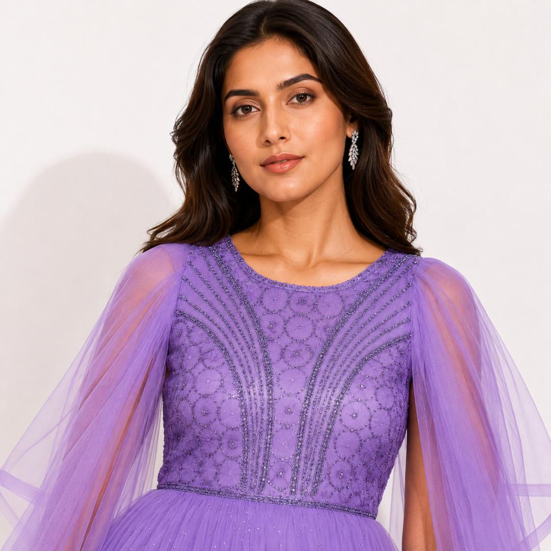 Lavender Ruffle Cape Maxi Gown