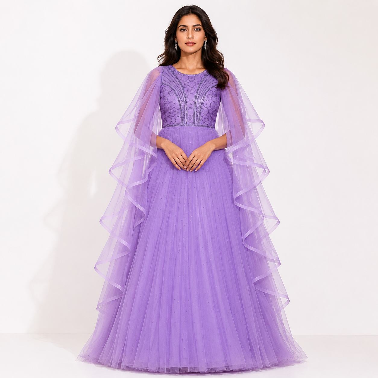 Lavender Ruffle Cape Maxi Gown