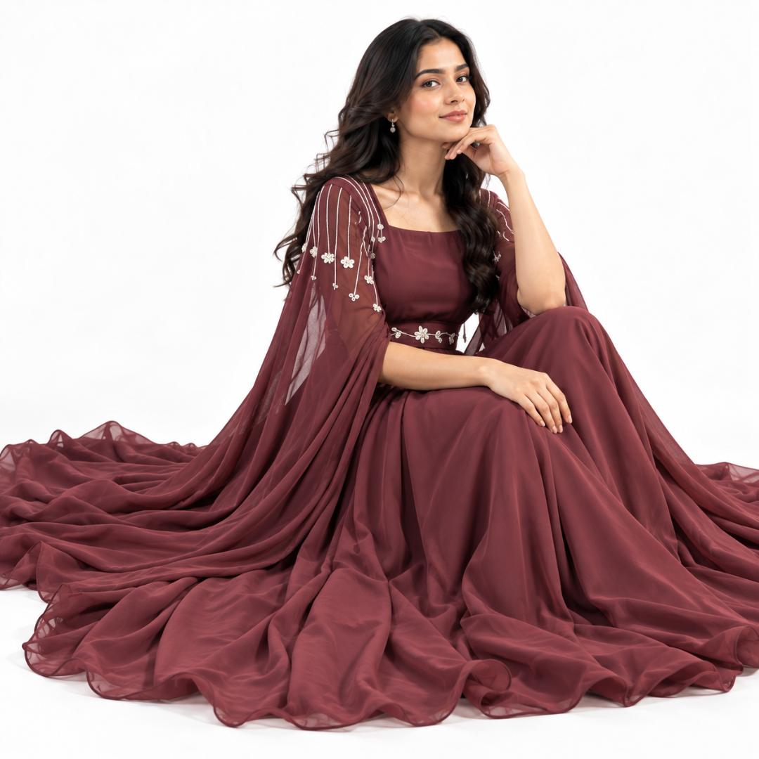 Maroon Floral Embroidered Cape Sleeve Gown for Women