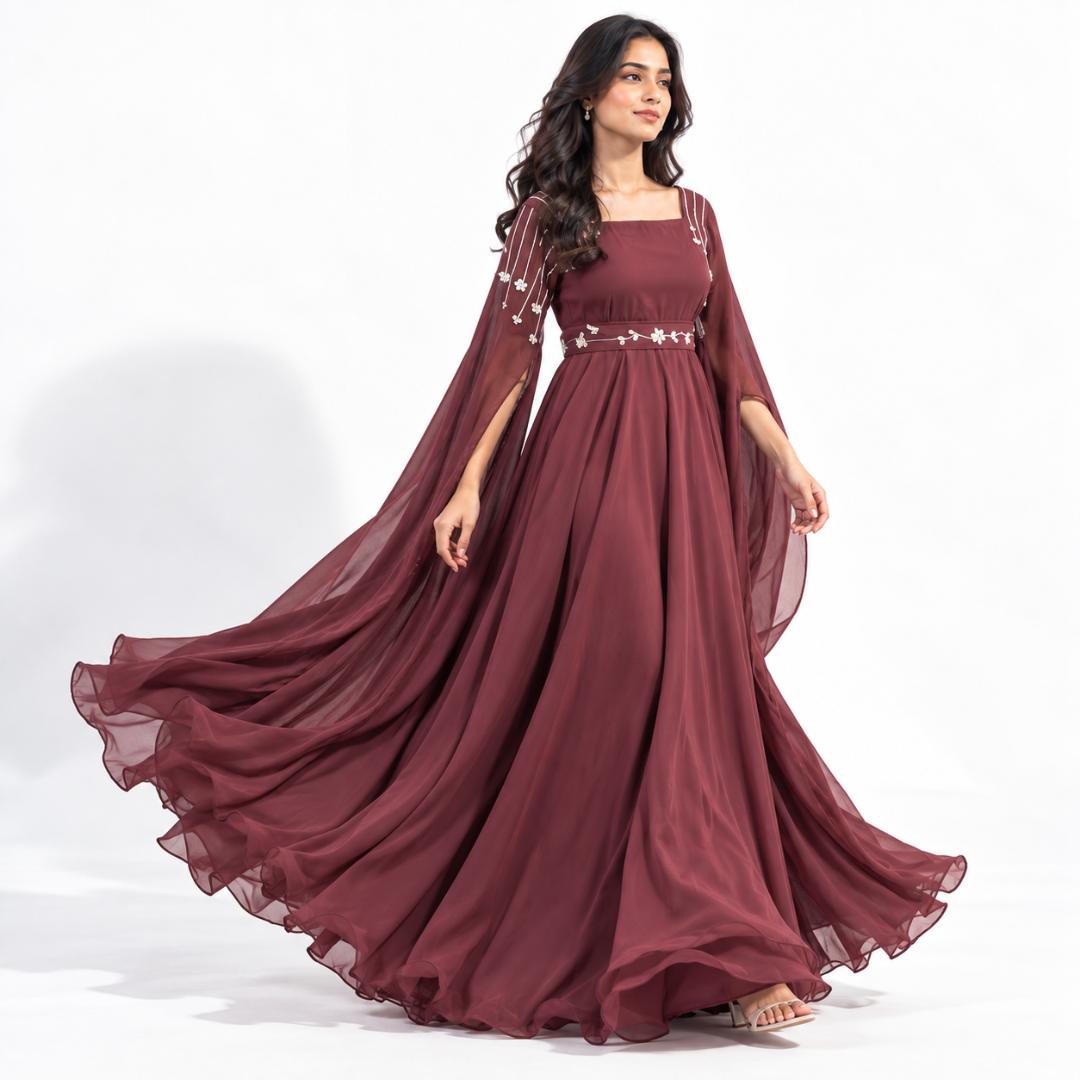 Maroon Floral Embroidered Cape Sleeve Gown for Women