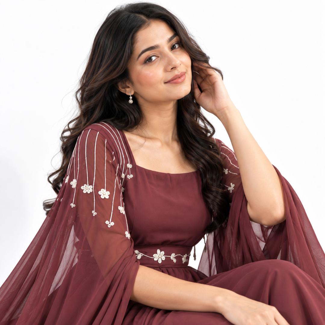 Maroon Floral Embroidered Cape Sleeve Gown for Women