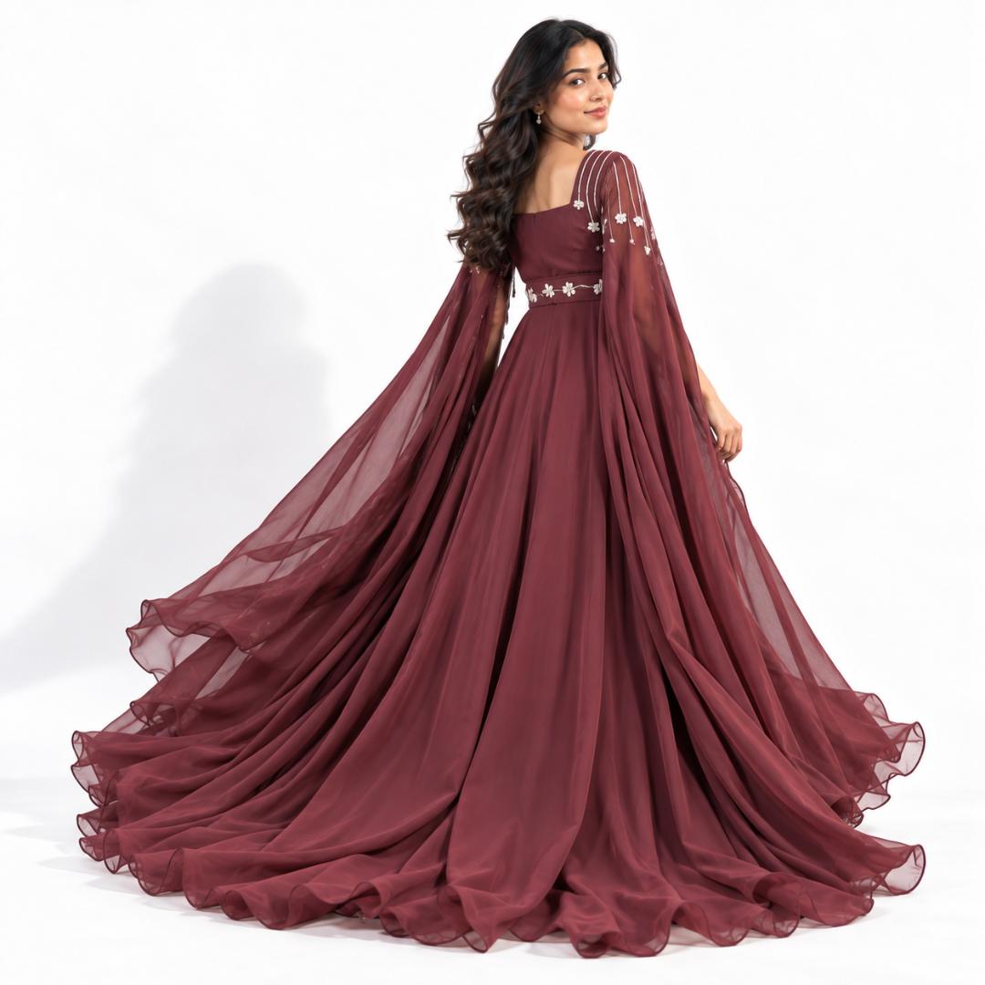 Maroon Floral Embroidered Cape Sleeve Gown for Women