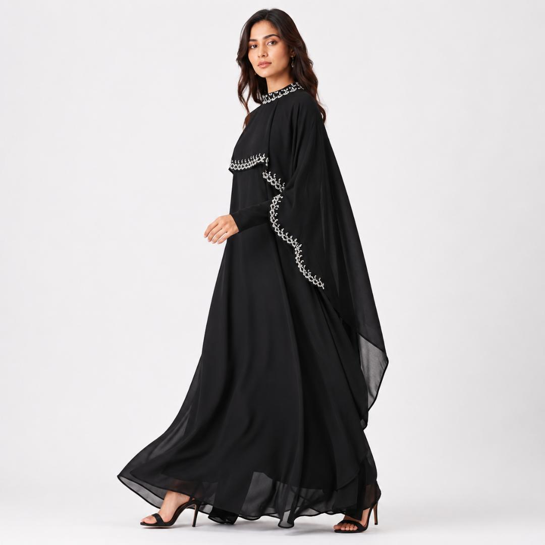 Black Cape Abaya Gown | Silver Embellished Modest Dress