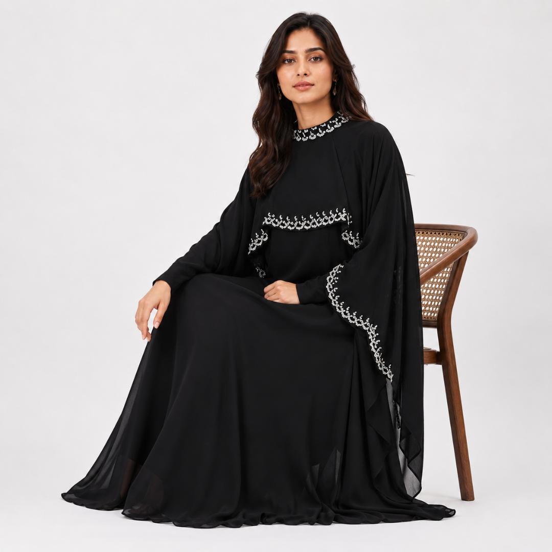 Black Cape Abaya Gown | Silver Embellished Modest Dress