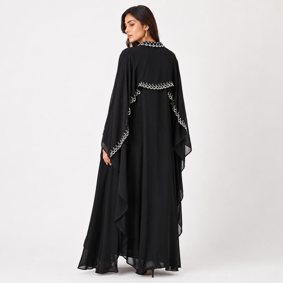 Black Cape Abaya Gown | Silver Embellished Modest Dress