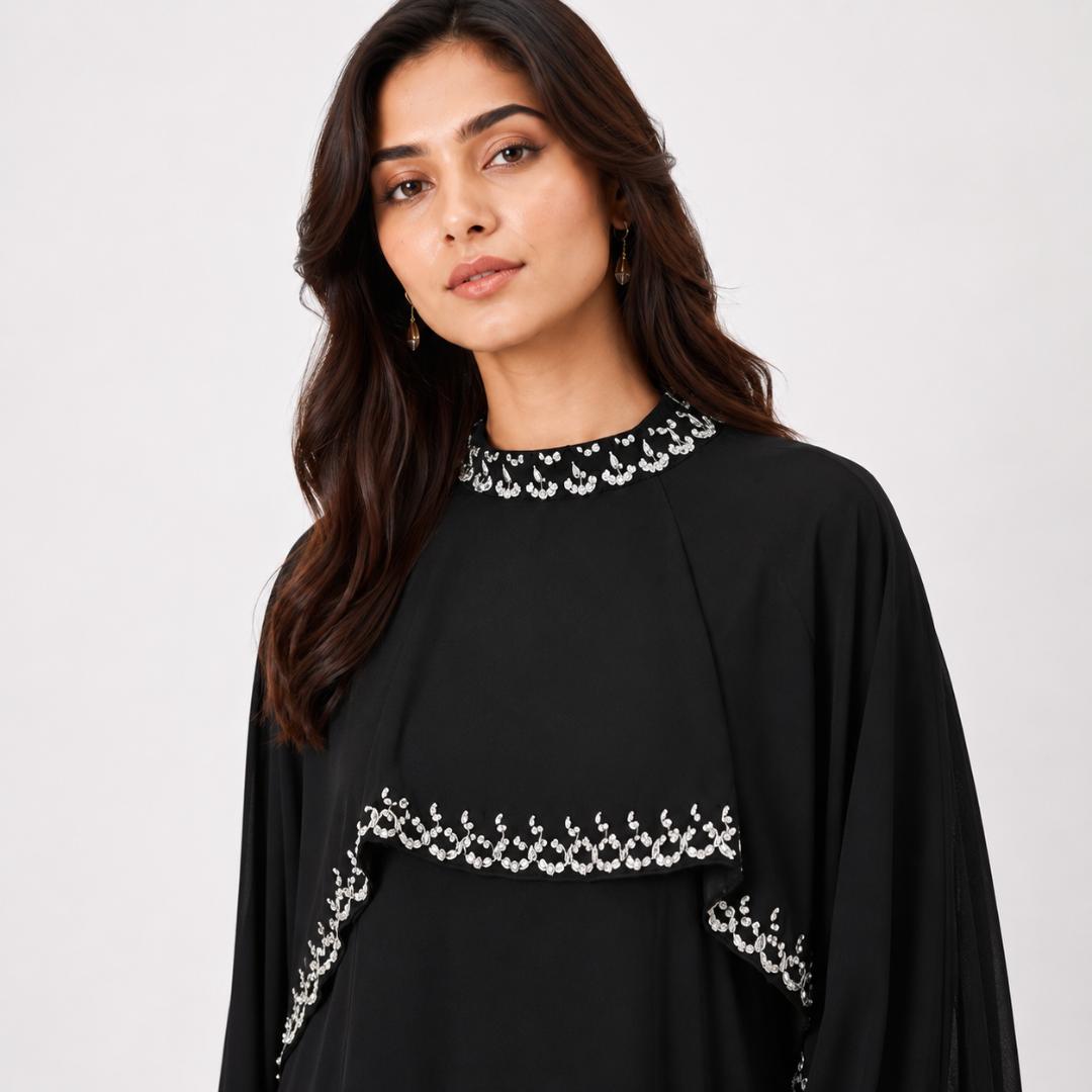 Black Cape Abaya Gown | Silver Embellished Modest Dress