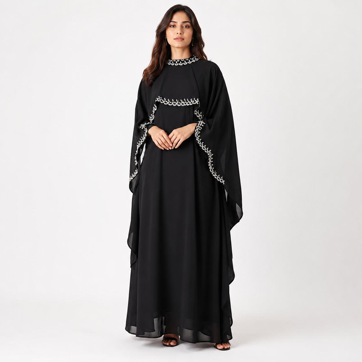 Black Cape Abaya Gown | Silver Embellished Modest Dress
