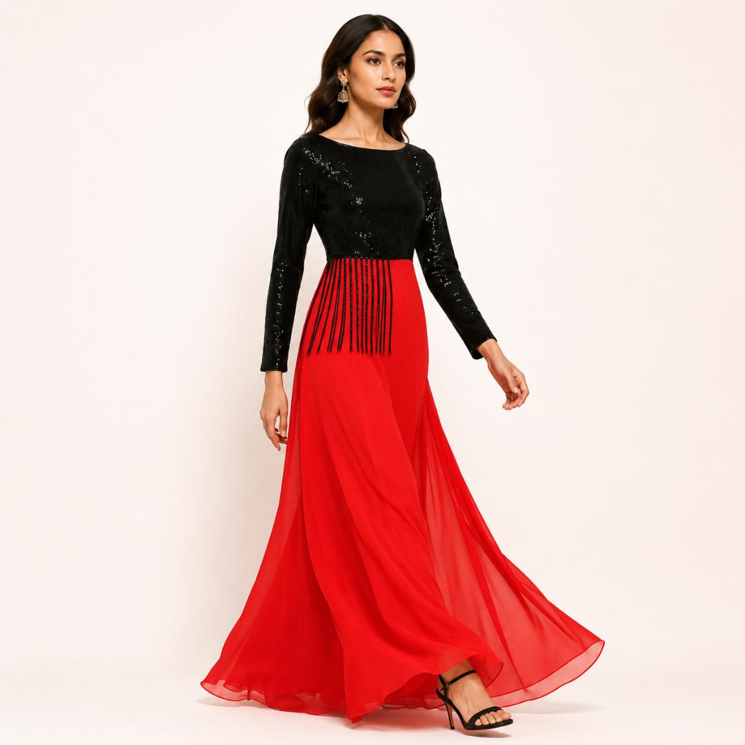 Midnight Black & Ruby Red Sequin Maxi Dress
