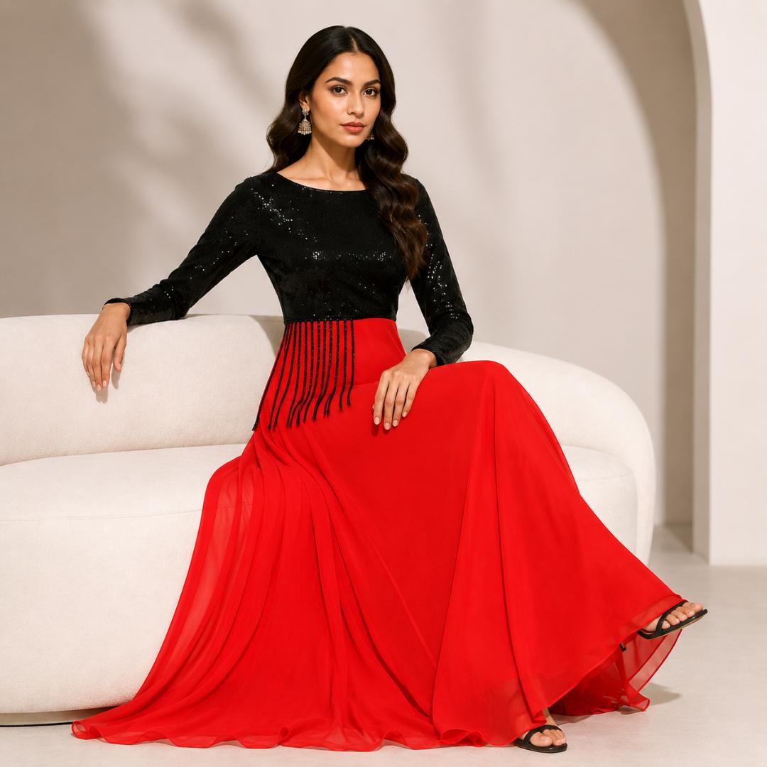 Midnight Black & Ruby Red Sequin Maxi Dress