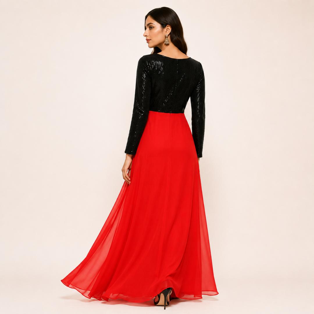 Midnight Black & Ruby Red Sequin Maxi Dress