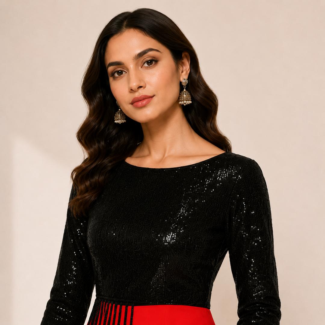 Midnight Black & Ruby Red Sequin Maxi Dress