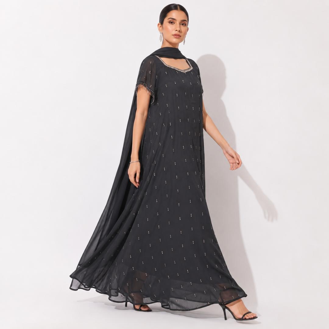 Midnight Noir Embellished Cape Gown