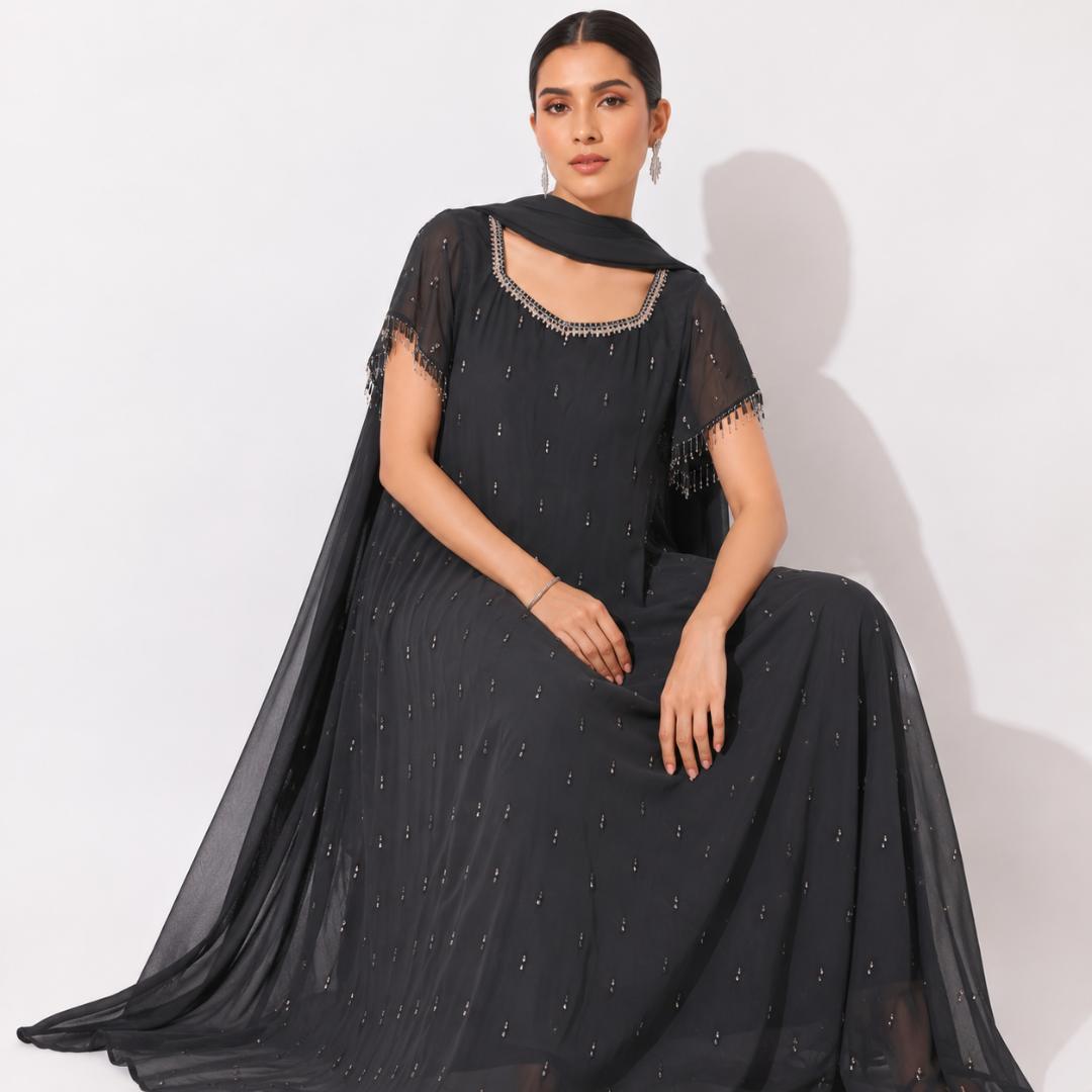 Midnight Noir Embellished Cape Gown