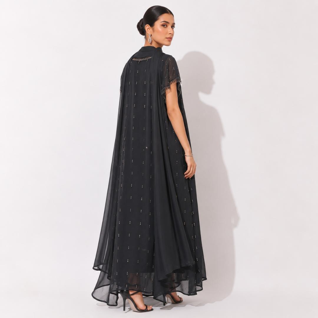 Midnight Noir Embellished Cape Gown