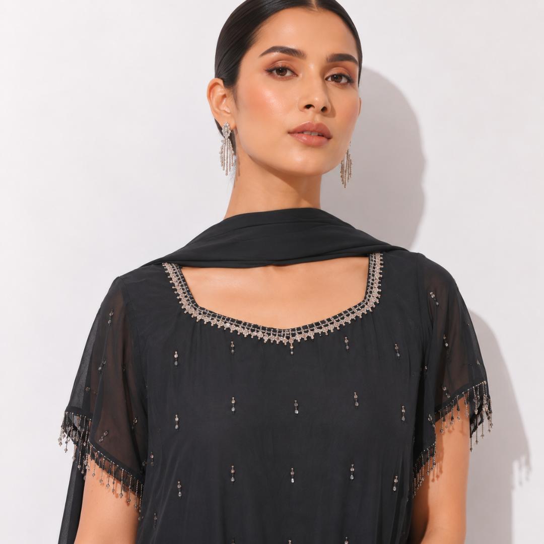 Midnight Noir Embellished Cape Gown