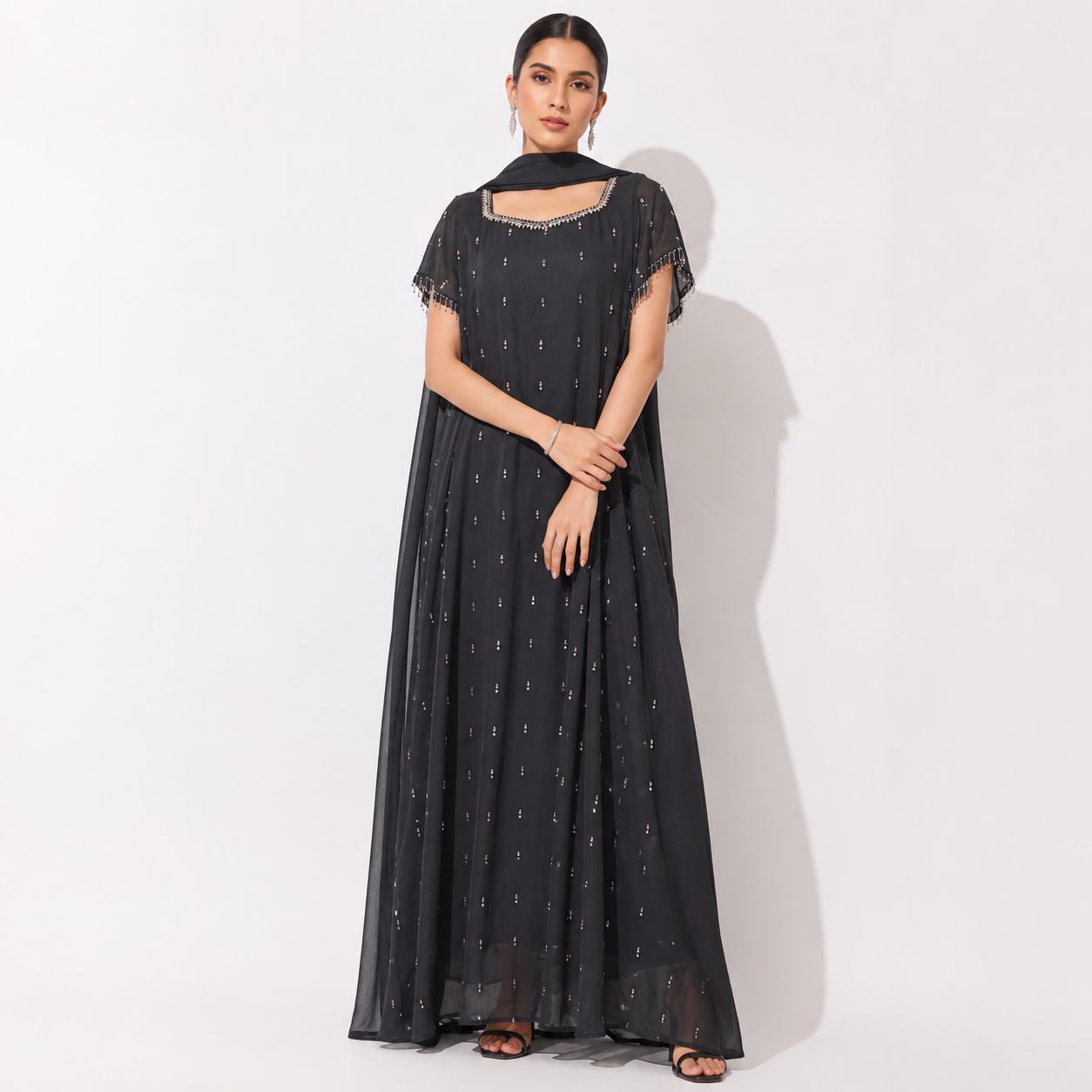 Midnight Noir Embellished Cape Gown