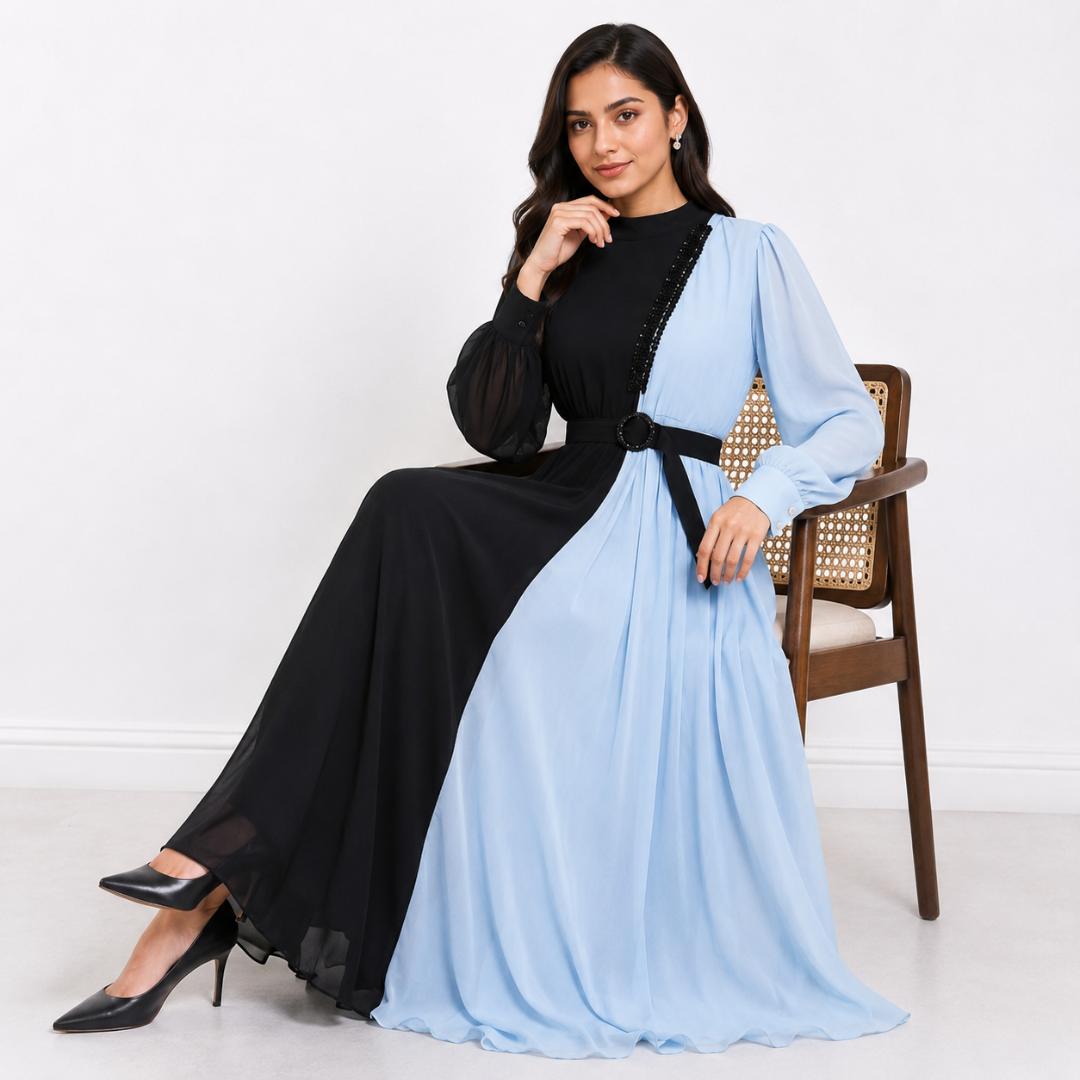 Midnight Sky Dual Tone Flowing Gown with Belt