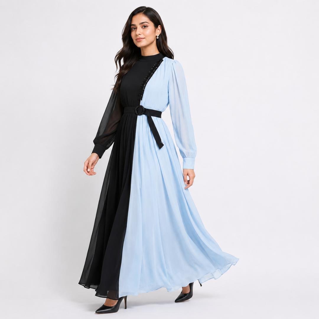 Midnight Sky Dual Tone Flowing Gown with Belt