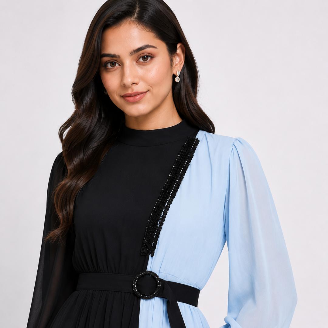 Midnight Sky Dual Tone Flowing Gown with Belt