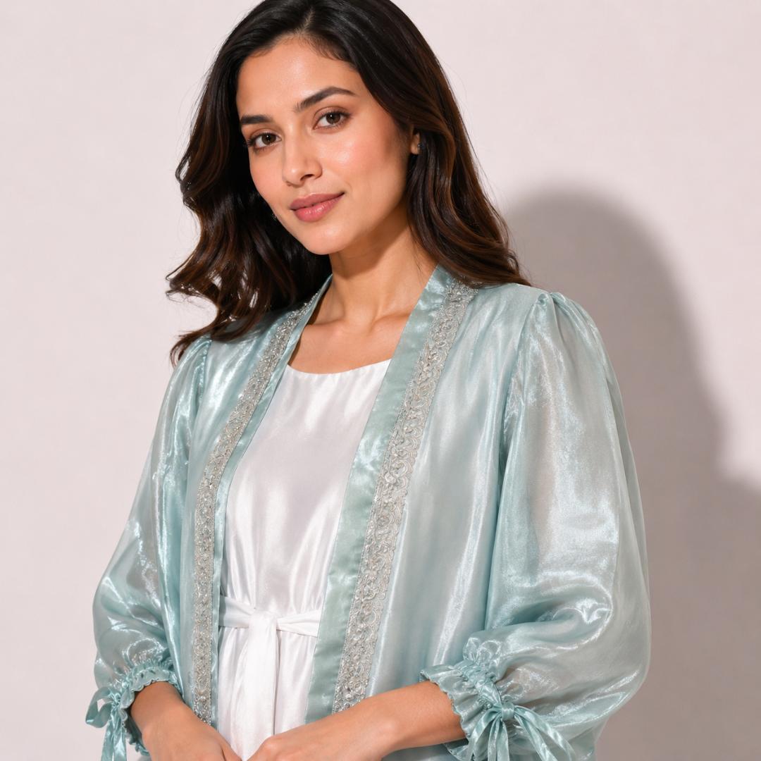 Mint Blue Organza Abaya Set for Women | Open Coat Modest Party Wear