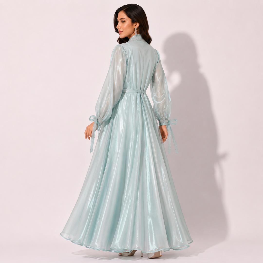 Mint Blue Organza Abaya Set for Women | Open Coat Modest Party Wear