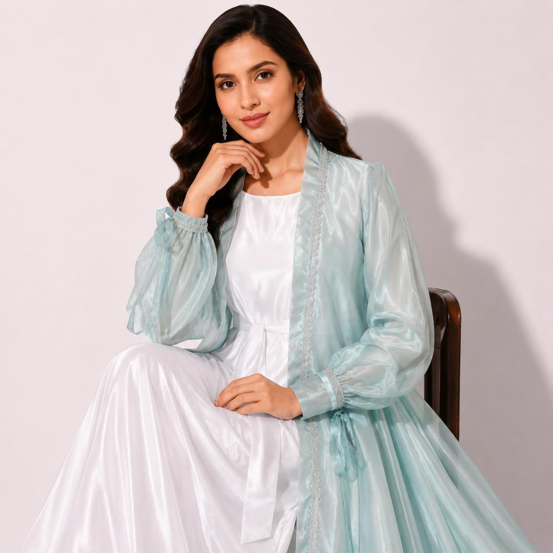 Mint Blue Organza Abaya Set for Women | Open Coat Modest Party Wear
